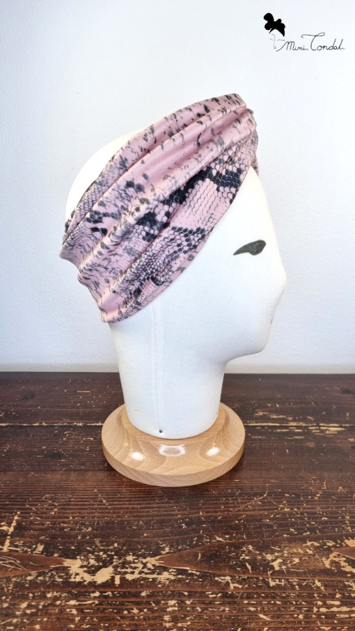 Fascia per capelli con nodo frontale rosa pitonata, Mimi Condal