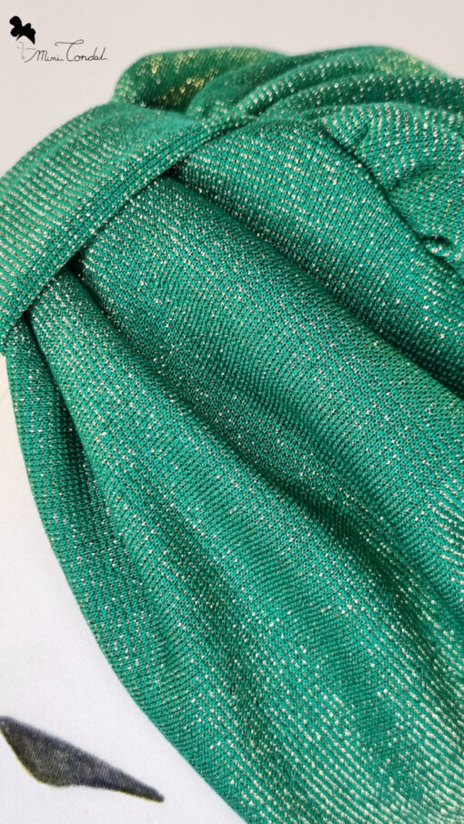 Turbante in maglina verde filata con lurex oro, Mimi Condal.